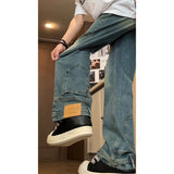 FOESCE 2025 Reversed Wearing Inverted Jeans Men's American High Street Vibe Pants Micro flared Workwear Wide Leg Floor Dragging new