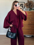 FOESCE Women Casual Brown Cotton Linen Shirt Pants Suit Fashion Single Breasted Blouses Elastic Waist Pant Set 2025 Spring Loose Outfit