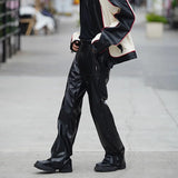 FOESCE Autumn Winter Men's Leather Motorcycle Pants Black Punk PU Pants Men Women Straight Mopping Trousers Streetwear Waterproof
