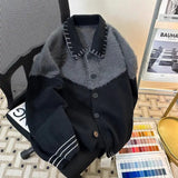 FOESCE Korean Contrasting Color Splicing Cardigan Lapel Sweater Men and Women Trendy Niche Loose Warm Sweater