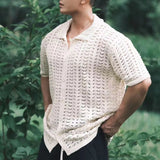 FOESCE Mens Japanese Jacquard Hollow Knitted Short-Sleeve Shirt New Sexy Solid Color Casual Simple Outer Lapel Casual Half-Sleeve Top