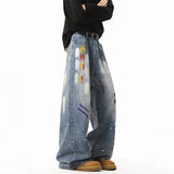 FOESCE Graffiti jeans unisex American Style Loose-fit Men's Jeans New Arrival High Street Casual Straight-leg Wide Leg Long Pants