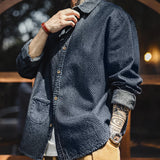 FOESCE Maden Retro Loose Long-sleeved Denim Shirt Checkered Lapel Single-breasted Jacket for Men Spring and Fall Versatile Outerwear