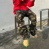 FOESCE Camouflage Coated Micro Flared Motorcycle Pants for Men Patchwork Baggy Jeans Ankle Zipper Boot Cut Oversized Denim Cargos