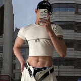 FOESCE Fashion Crop Tops Men T Shirt Zipper Solid O-neck Short Sleeve T Shirt Summer Y2k Streetwear Unisex Short Tees Casual Camisetas