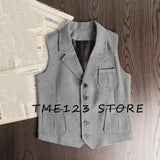 FOESCE Men's Retro Herringbone Pattern Vest Men's Suit Collar Vest Slim-fit Tweed Vest Wedding Vest Men