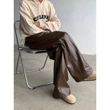FOESCE PU Leather Pants men Straight 2025new Spring Men's Punk Fashion Hip Hip Men Wide-leg Mopping Trousers Windproof Dark Brown/Black