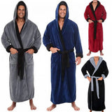 FOESCE Men Nightgown Hooded Long Sleeve Color-Blocked Thickened Plush Robe Lace-up Belt Long Style Thermal Insulation Loungewear