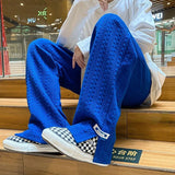 FOESCE Men High Street Sweatpants Fashion Loose Casual Side Slit Straight-Leg Pants Vintage Blue Jacquard Casual Bottoms Male Clothes
