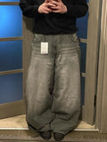 Foesce New American retro washed grey letter embroidered baggy jeans Y2K Harajuku hip-hop high waist wide trousers street wear