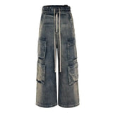 FOESCE Men Multi-pockets Pants Gradient Ribbons Drawstring Jeans Baggy Oversized Cargo Trousers Fashion Streetwear Loose