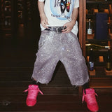 FOESCE Streetwear Full Rhinestone Print Baggy Jeans Shorts for Men Ripped Hole Washed Short Casual Loose Denim Five Point Pants