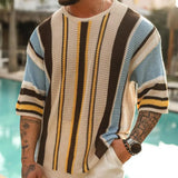 Men Sweater Loose Fit Sweater Striped Print Men's Knitted Sweater Colorful Loose-fit Pullover for Spring Summer Fall
