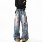 FOESCE Graffiti jeans unisex American Style Loose-fit Men's Jeans New Arrival High Street Casual Straight-leg Wide Leg Long Pants