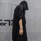 FOESCE Nightclub DJ Hooded Cardigan Punk Rock Hip Hop Long Shirt Black Hooded Cloak Men New Oversize Blouse Gothic Vintage Streetwear