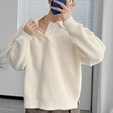 FOESCE American Summer Men's 2025 New Spliced Turn-down Collar Button Fashion Solid Loose Versatile Casual Long Sleeve Knitted Top