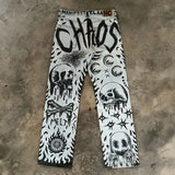FOESCE Skull letter geometric print Gothic dark style high waisted jeans for men Y2K trendy street rock skateboarding baggy sweatpants