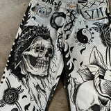 FOESCE Skull letter geometric print Gothic dark style high waisted jeans for men Y2K trendy street rock skateboarding baggy sweatpants