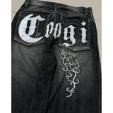 FOESCE Skull letter geometric print Gothic dark style high waisted jeans for men Y2K trendy street rock skateboarding baggy sweatpants