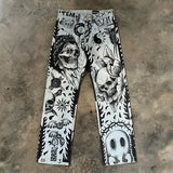 FOESCE Skull letter geometric print Gothic dark style high waisted jeans for men Y2K trendy street rock skateboarding baggy sweatpants