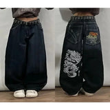 FOESCE Skull letter geometric print Gothic dark style high waisted jeans for men Y2K trendy street rock skateboarding baggy sweatpants
