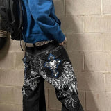 FOESCE Skull letter geometric print Gothic dark style high waisted jeans for men Y2K trendy street rock skateboarding baggy sweatpants