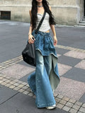 FOESCE Slightly fat Spice Girl design sense irregular splicing jeans women 2025 autumn and winter new fake two-piece thin flared pants
