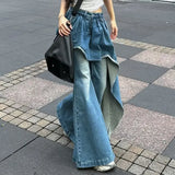 FOESCE Slightly fat Spice Girl design sense irregular splicing jeans women 2025 autumn and winter new fake two-piece thin flared pants