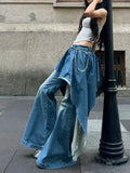 FOESCE Slightly fat Spice Girl design sense irregular splicing jeans women 2025 autumn and winter new fake two-piece thin flared pants