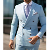 FOESCE Solid 2 Pieces Men Suits Set Fashion New Men's Formal Business/Wedding Groom Suits Peak Lapel Double Breasted Blazer Trousers
