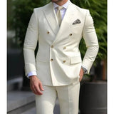 FOESCE Solid 2 Pieces Men Suits Set Fashion New Men's Formal Business/Wedding Groom Suits Peak Lapel Double Breasted Blazer Trousers