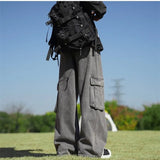 FOESCE Solid Hip Hop Harajuku jeans Vintage pantalon large homme Pockets Wide Leg Baggy Jeans Men Streetwear Straight Denim Cargo Pants