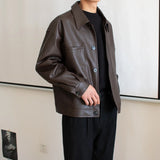 FOESCE Spring Autumn Loose Motorcycle Short Leather Clothes Men Retro Pu Leather Jacket Casual Outdoor Wear Single Row Buckle