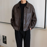 FOESCE Spring Autumn Loose Motorcycle Short Leather Clothes Men Retro Pu Leather Jacket Casual Outdoor Wear Single Row Buckle