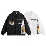 FOESCE Spring Autumn Men Vintage Loose Single Breasted Short Denim Jacket Female Long-sleeve Lapel American Patchwork Print Jeans Coat