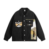FOESCE Spring Autumn Men Vintage Loose Single Breasted Short Denim Jacket Female Long-sleeve Lapel American Patchwork Print Jeans Coat