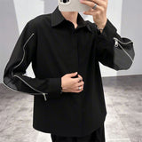 FOESCE Spring Autumn New Fashion Turn-down Collar Long Sleeve Solid Men's Clothing Blouse Korean Button Zipper Trend All-match Shirts