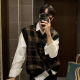 FOESCE Spring and Autumn Hong Kong Style Retro Sleeveless Vest Sweater Men's Korean Version Loose Casual V-neck Knitted Sweater Vest