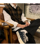 FOESCE Spring and Autumn Hong Kong Style Retro Sleeveless Vest Sweater Men's Korean Version Loose Casual V-neck Knitted Sweater Vest