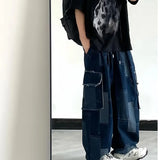FOESCE Spring and Autumn Japanese Street Men and Women Trendy Personalized Straight leg Jeans Couple Loose Splicing Casual Pants y2k