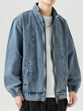 FOESCE Stand Collar Denim Jacket Men Casual Autumn Zip Closure Jacket Coat Loose Baggy Blue Retro Jacket Man Fashion Clothing