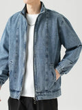 FOESCE Stand Collar Denim Jacket Men Casual Autumn Zip Closure Jacket Coat Loose Baggy Blue Retro Jacket Man Fashion Clothing