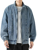 FOESCE Stand Collar Denim Jacket Men Casual Autumn Zip Closure Jacket Coat Loose Baggy Blue Retro Jacket Man Fashion Clothing