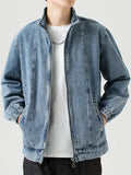 FOESCE Stand Collar Denim Jacket Men Casual Autumn Zip Closure Jacket Coat Loose Baggy Blue Retro Jacket Man Fashion Clothing