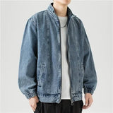 FOESCE Stand Collar Denim Jacket Men Casual Autumn Zip Closure Jacket Coat Loose Baggy Blue Retro Jacket Man Fashion Clothing