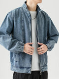 FOESCE Stand Collar Denim Jacket Men Casual Autumn Zip Closure Jacket Coat Loose Baggy Blue Retro Jacket Man Fashion Clothing