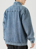 FOESCE Stand Collar Denim Jacket Men Casual Autumn Zip Closure Jacket Coat Loose Baggy Blue Retro Jacket Man Fashion Clothing