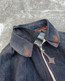 FOESCE Star Embroidery Dark Blue Washed Retro Denim Jacket Punk Loose Multiple Pockets Double Collar Zipper Jacket Fashion Men Clothing