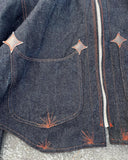 FOESCE Star Embroidery Dark Blue Washed Retro Denim Jacket Punk Loose Multiple Pockets Double Collar Zipper Jacket Fashion Men Clothing