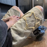 FOESCE Star Patchwork Yellow Clay Color Jeans Summer Men Denim Shorts Trendy Streetwear Five-point Pants Straight Jeans Shorts